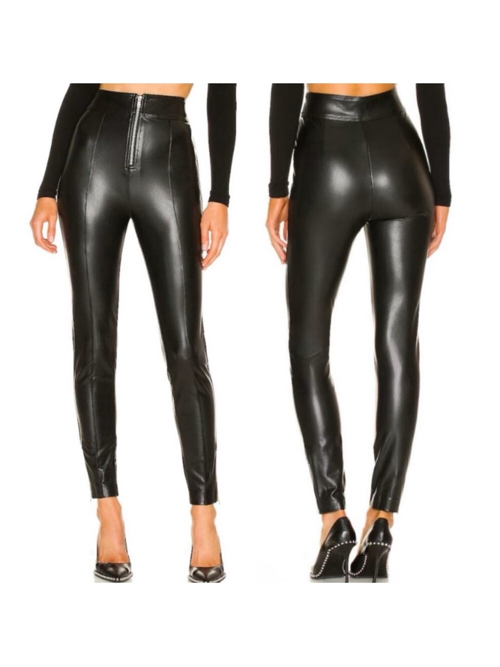 NBD Constance Faux Leather Legging Pants High Waist Front Zipper Black Womens S